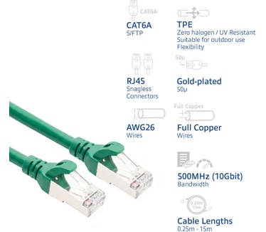 ACT Groen 10 meter TPE S/FTP CAT6A ultra-flex patchkabel snagless met RJ45 connectoren
