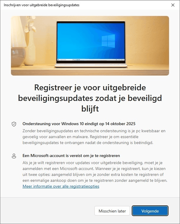 ESU-inschrijving Windows 10 begint, beveiligingsupdates
