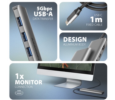 Axagon HMC-5H USB-C 3.2 Gen 1 hub 3x USB-A 4K HDMI PD 100W - Silber