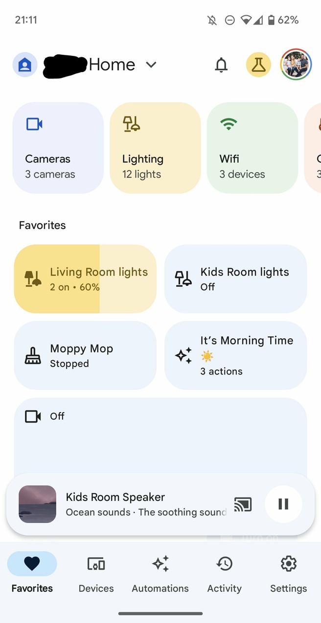Google Home met lampengroepen in Favorieten