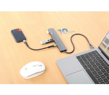 Manhattan USB-C dock/hub, poorten (7): USB-A (3×) en USB-C (4×), met Power Delivery (PD) 100 W - vereist een externe USB-C-lader (niet inbegrepen). USB-gevoed (geen externe voeding vereist) wanneer PD niet wordt gebruikt, aluminium