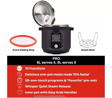 Instant Pot Pro 10 in 1 Electric Multi Cooker 1200W 5.7L - Pressure Cooker, Slow Cooker, Rice Cooker, Steamer, Sauté Pan, Steriliser, Yoghurt Maker, Sous Vide Device - Black Stainless Steel