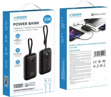 VEGER powerbank 10000 mAh with built-in cables Type C / Lightning PD QC3.0 35W K1 (W1188) black