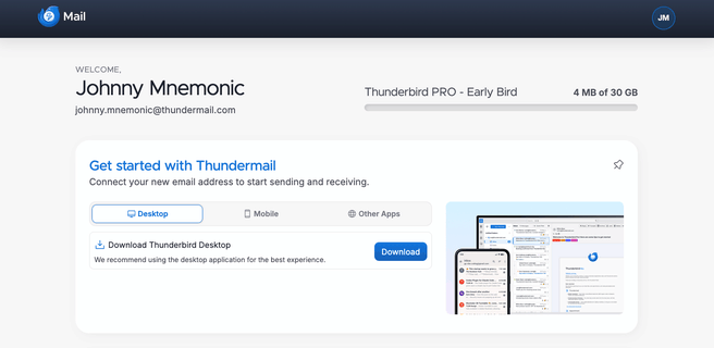 Get started with Thundermail. Bron: Thunderbird