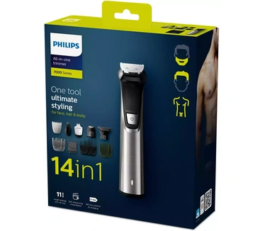 Philips Multigroom Series 7000 14 hulpstukken 14-in-1, gezicht, haar en lichaam. Kleur van het product: Grijs, Minimale haarlengte: 3 mm, Maximale haarlengte: 7 mm. Gebruikstijd: 180 min, Type accu/batterij: Ingebouwde accu, Oplaadtijd: 1 uur. Verbinding