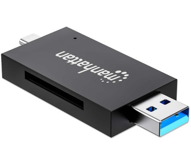 Manhattan USB-A/USB-C multiformaat kaartlezer/-schrijver, 5 Gbps (USB 3.0), male connector naar microSD- en SD/MMC-slots, mini-formaat, compatibel met Windows of Mac, zwart/transparant, 3 jaar garantie