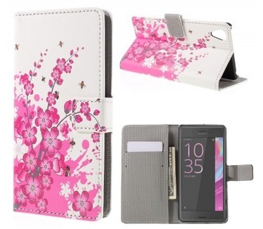 qMust Sony Xperia X Performance Wallet Case - hoesje met stand - Pink Blossom