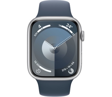 Apple Watch Series 9, 45mm, GPS, Aluminium, Sportbandje M/L Zilver (Blauw)