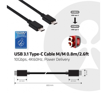 Club 3D USB 3.1 Type C (10Gbps) Kabel 0.8Meter, PowerDelivery 100Waatt, Supports 4K60Hz