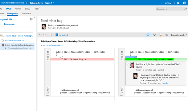 Team Foundation Server - Overleggen in code