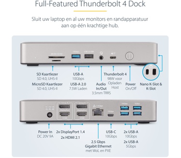 Startech.com Thunderbolt 4 Multi-Monitor Docking Station, Quad/Triple/Dual Display Dock, 2x HDMI/2x DisplayPort, 7x USB Hub, 2.5Gb Ethernet, 98W Power Delivery