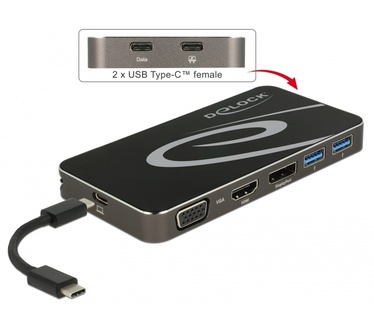 Delock 87722. Hostinterface: USB 3.0 (3.1 Gen 1) Type-C, Hub-interfaces: DisplayPort,HDMI,USB 3.0 (3.1 Gen 1) Type-A,USB 3.0 (3.1 Gen 1) Type-C,VGA. Type stroombron: USB, Vermogensverbruik (max): 60 W. Kleur van het product: Zwart. Ondersteunt Windows: Wi