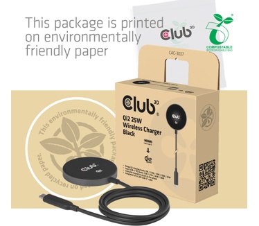 Club 3D CAC-3027 Qi2 25W draadloze oplader zwart Qi 2.2 MagSafe-compatibel magnetisch pad