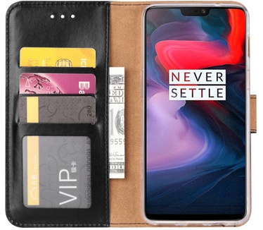 Luxe Lederen Bookcase hoesje voor de OnePlus 6 - Zwart (OnePlus 6) Zwart