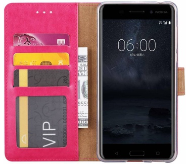 Luxe Lederen Bookcase hoesje voor de Nokia 6 - Roze (Nokia 6) Roze