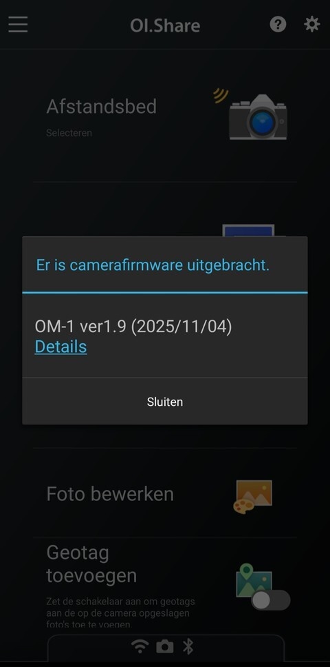 OI.Share app: OM-1 firmware update notificatie
