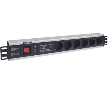 Intellinet 19" 1.5U Rackmount 6-Way Power Strip - German Type", With On/Off Switch and Surge Protection, 3m Power Cord (Euro 2-pin plug)