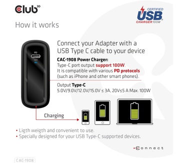 Club 3D Travel Charger 100 Watt GAN technology, USB-IF TID certified, Single port USB Type-C, Power Delivery(PD) 3.0 Support