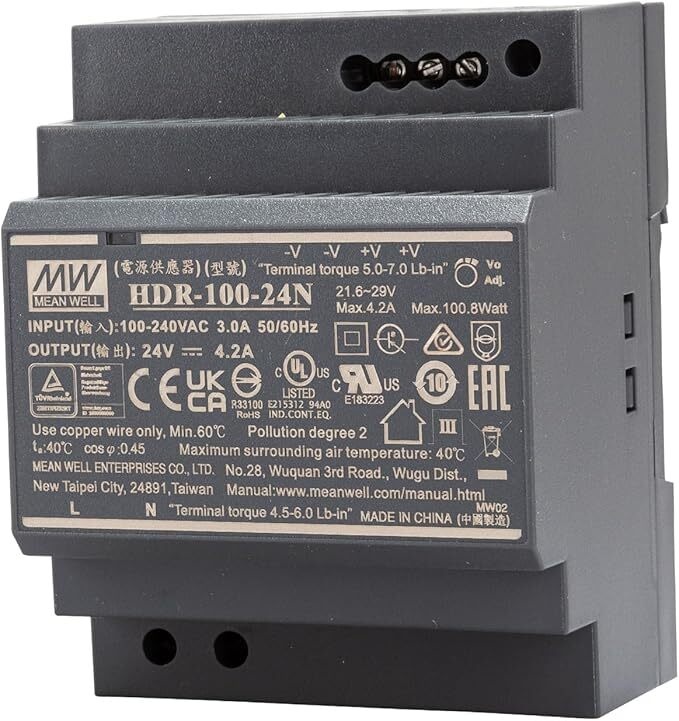 Mean Well HDR-100-24N din rail voeding, 24V, 2.4A, 108W - vooraanzicht