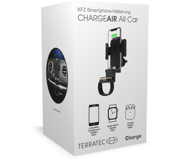 Terratec ChargeAir All Car. Type mobiele apparatuur: Mobiele telefoon/Smartphone, Smartwatch, Soort: Actieve houder, Correct gebruik: Auto, Kleur van het product: Zwart (Watch, AirPods, iPhone)