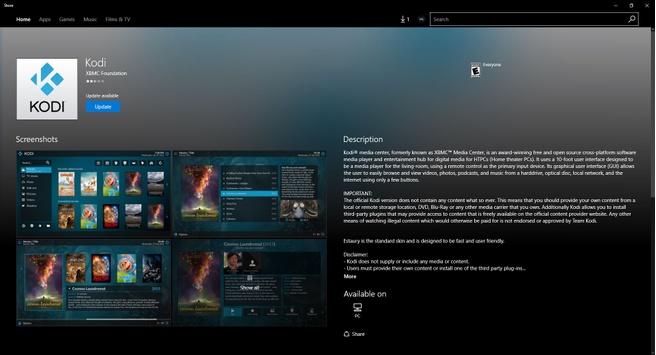 Kodi Windows Store pagina