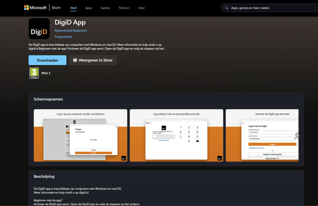DigiD pc-app voor Windows, in de Microsoft Store. Beeld: Microsoft, Logius