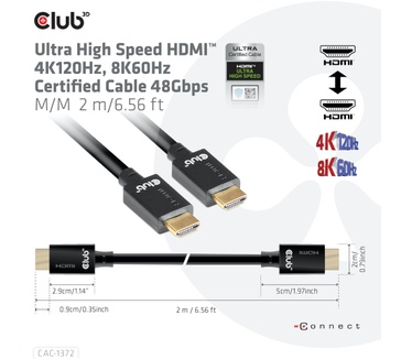 Club 3D Ultra High Speed HDMI 2.1 Kabel 10K 120Hz 48Gbps Male/Male 2 meter (CAC-1372) Zwart
