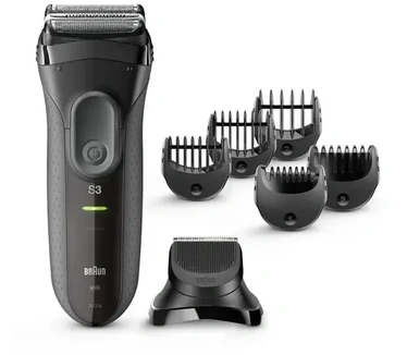 Braun Series 3 Series 3 3-in-1 elektrisch scheerapparaat, baardtrimmer met 5 opzetkammen, Wet&Dry, 45 minuten batterijduur, oplaadbaar en draadloos scheerapparaat, zwart/grijs