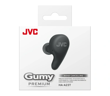 JVC HA-A23T-B True Wireless Gumy Premium hoofdtelefoon met ruisonderdrukking, Bluetooth 5.4, omgevingsgeluidsmodus, 26 uur batterijduur en doorschijnend oplaadetui, USB-C, zwart