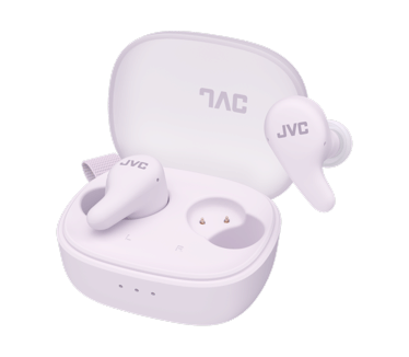 JVC HA-A23T-V True Wireless Gumy Premium hoofdtelefoon met ruisonderdrukking, Bluetooth 5.4, omgevingsgeluidsmodus, 26 uur batterijduur en doorschijnend oplaadetui, USB-C, paars (Zwart)