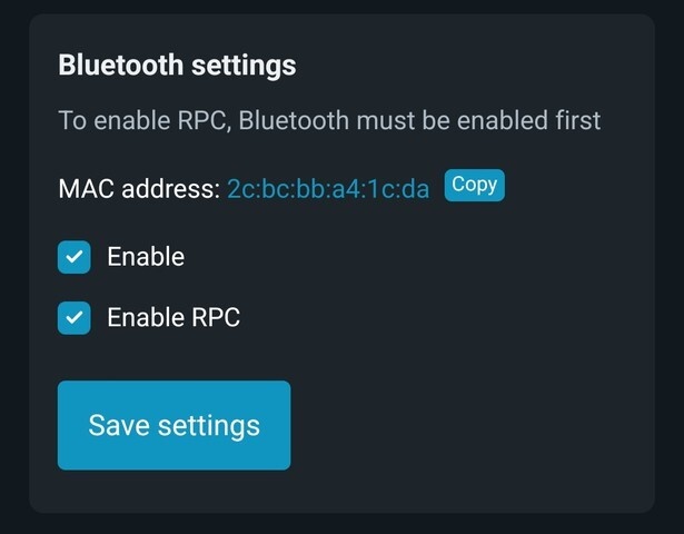 Shelly Pro Dimmer 2PM - Bluetooth settings - firmware 1.7.1