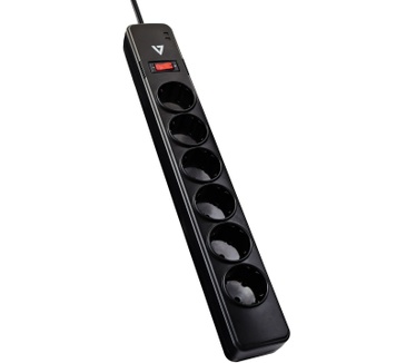 V7 6-Schuko Outlet Home/Office Surge Protector, 1.8m Cord, 1050 Joules, Black