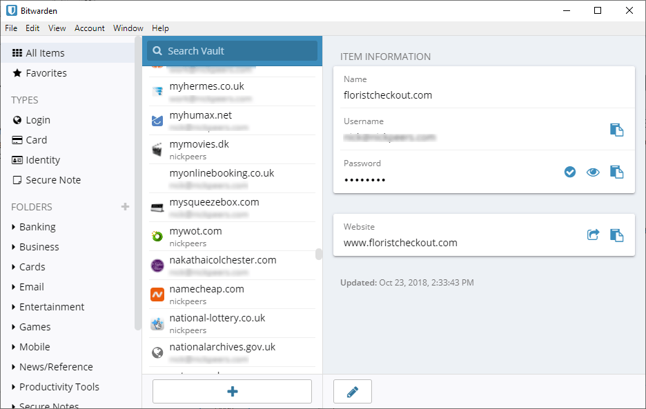 Bitwarden web interface Bitwarden web interface