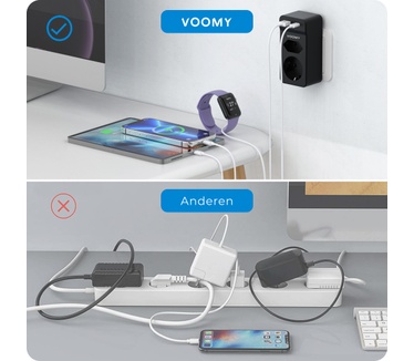 Voomy Verdeelstekker - 1 USB-C & 1 USB-A Poort - 2 stopcontacten - 4000W - Zwart