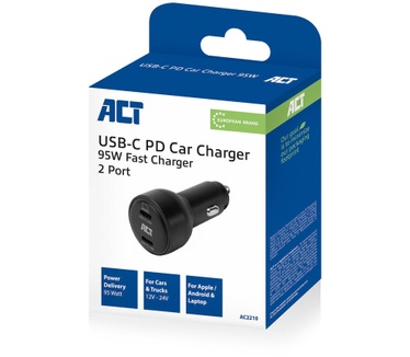 ACT 2-poorts USB-C fast charge autolader 95W met Power Delivery PPS, Quick Charge en GaNFast