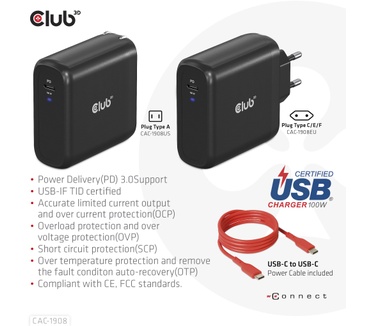 Club 3D Travel Charger 100 Watt GAN technology, USB-IF TID certified, Single port USB Type-C, Power Delivery(PD) 3.0 Support