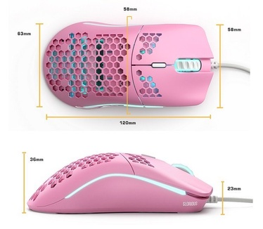 Glorious PC Gaming Race Extremely light weight (58/59g) Eye catching design with clean lines and RGB illumination Honeycomb surface for strength & comfort Includes high quality G-skates mouse feet