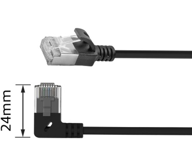 ACT Zwarte 0.15 m U/FTP CAT6A LSZH Slimline patchkabel met RJ45 connectoren recht naar 90° haaks links