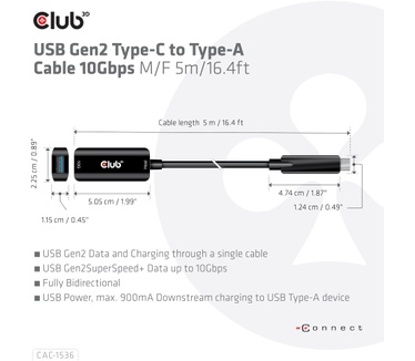 Club 3D USB Gen2 Type-C to Type-A Cable 10Gbps M/V 5m
