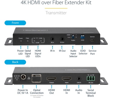 Startech.com 4K HDMI over Fiber Extender Kit, 4K 60Hz tot 1km (Single Mode) of 300m (Multimode) LC Fiber Optic, HDR, HDCP, 3.5mm Audio/RS232/IR Extender, Transmitter & Receiver Kit, HDMI Rx/Tx
