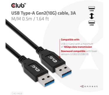 Club 3D USB Type-A Gen2(10G) cable, 3A M/M 0.5m / 1.64 ft