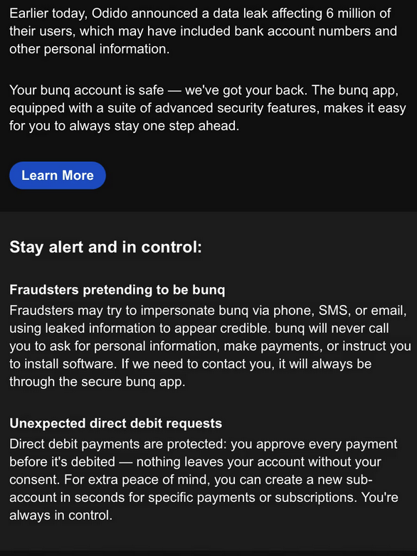 bunq waarschuwing klant