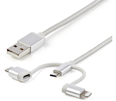 Startech.com USB naar Lightning / USB-C / Micro-B - gevlochten Wit, Zilver