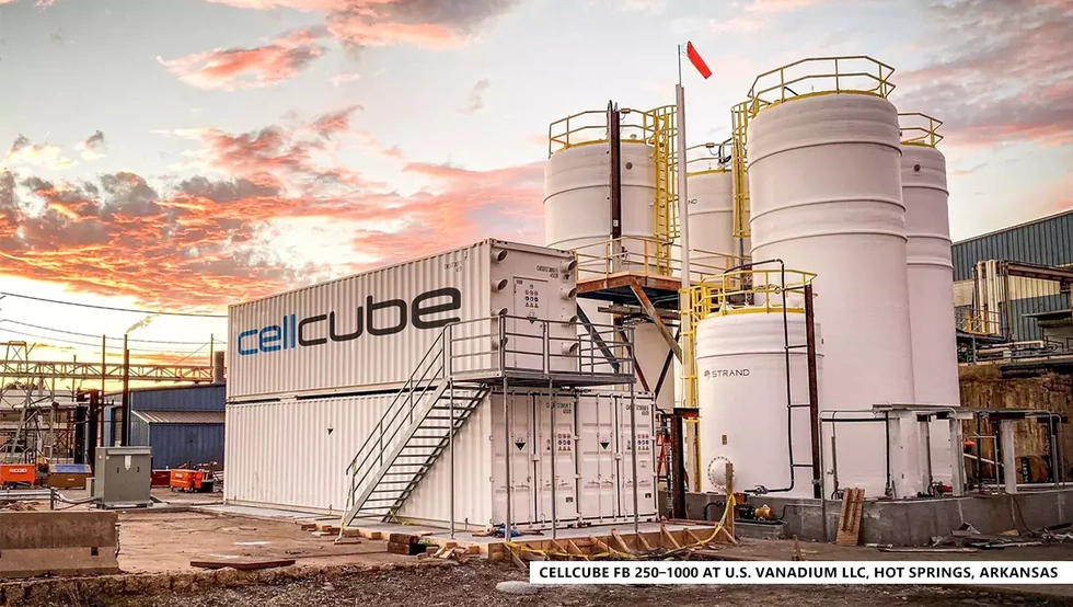 Een flowcellaccu van Cellcube met rechts de opslagtanks en vooraan een container met de membranen. Beeld: Cellcube