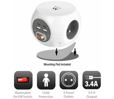 Ewent EW3975 Stekkerdoos met USB-C/A-poorten, 3 sockets type E, 1,5m, wit