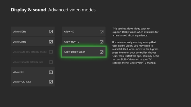 Xbox One update Dolby Vision