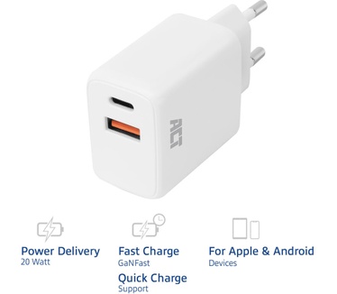 ACT AC2122 USB-C & USB-A lader 20W met Power Delivery PPS, Quick Charge, GaNFast