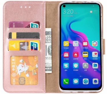 Luxe Lederen Bookcase hoesje voor de Huawei Nova 4 - Metallic Roze (Nova 4) Rosé Goud