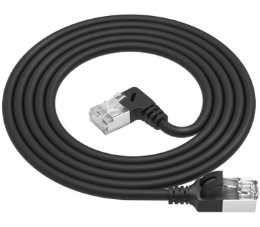 ACT Zwarte 0,25 meter U/FTP CAT6A LSZH Slimline patchkabel met RJ45 connectoren recht naar 90° haaks rechts