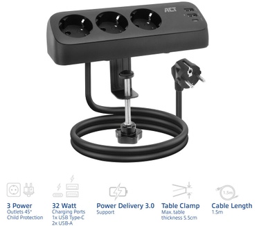 ACT Stekkerdoos met 3 type-F stopconten, 30W Power Delivery, USB Type-C/A poorten, kabellengte 1, Zwart